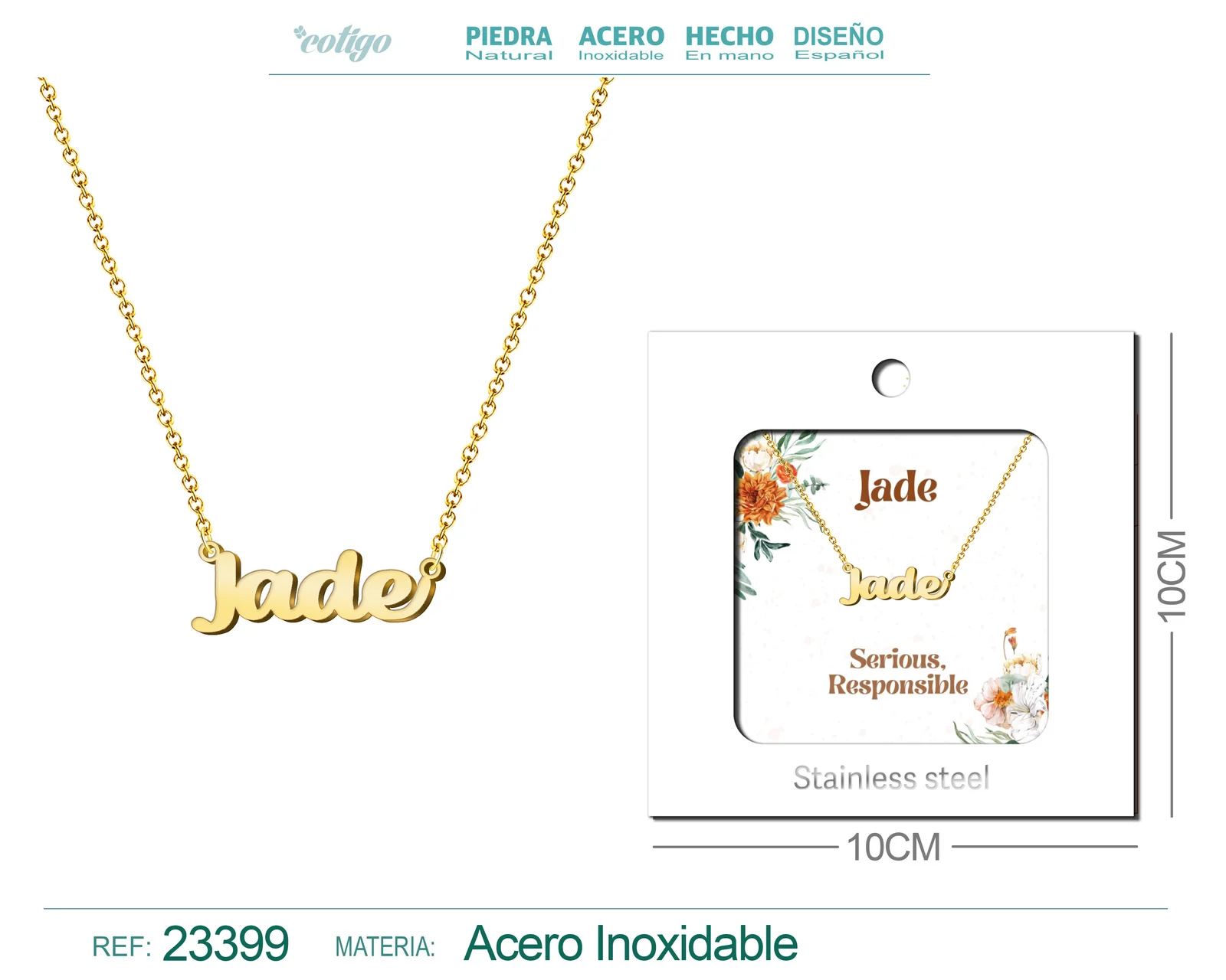 COLLAR NOMBRE INGLES JADE ACERO CON SOBRE