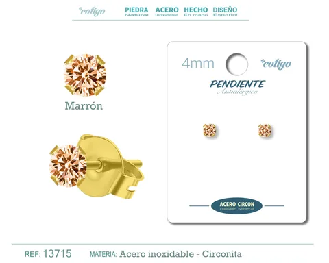 PENDIENTE CIRCONITA REDONDO-MARRÓN-4MM-BASE ACERO DORADO