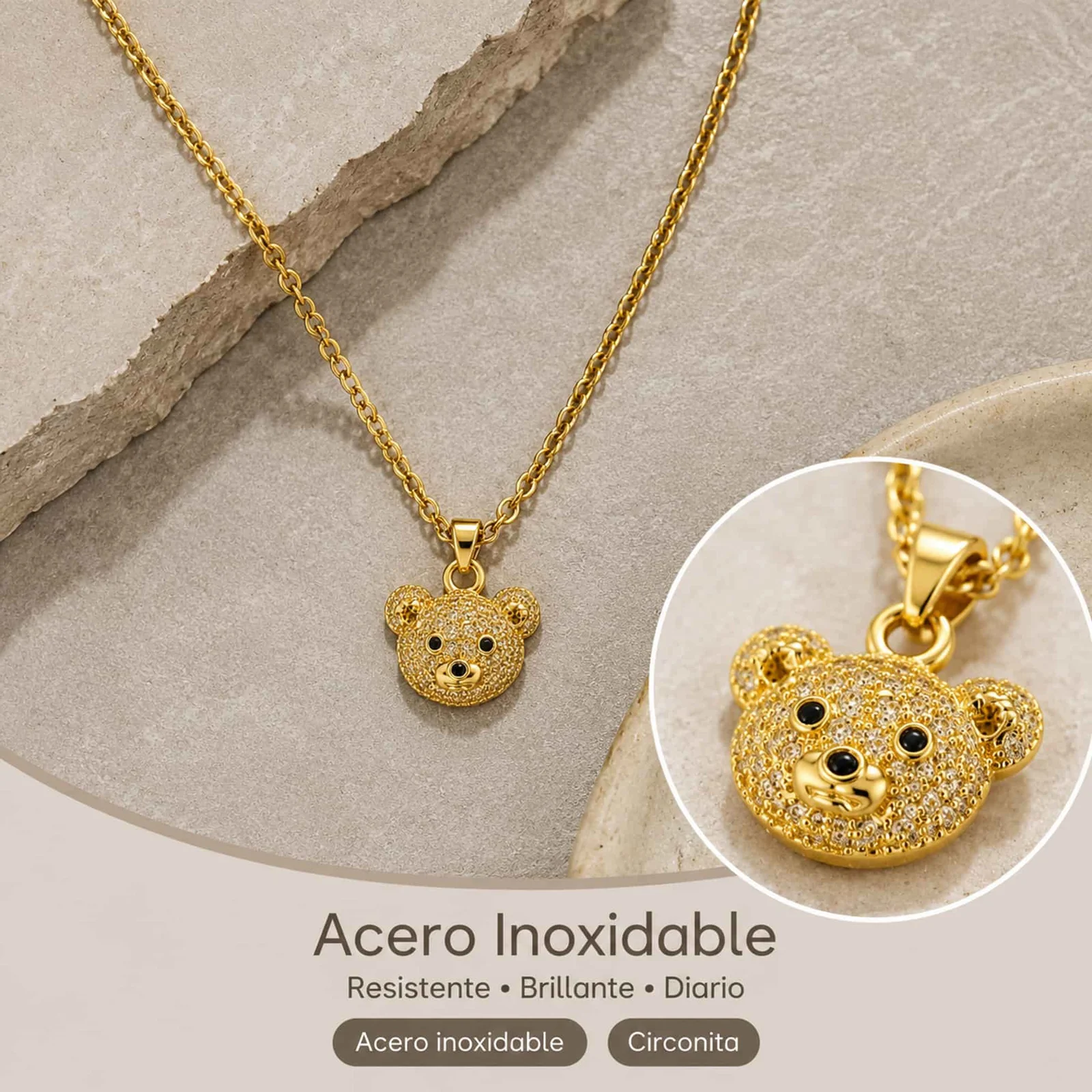 Colgangte Cobre con Circonita Colar Dorado y Cadena Acero
