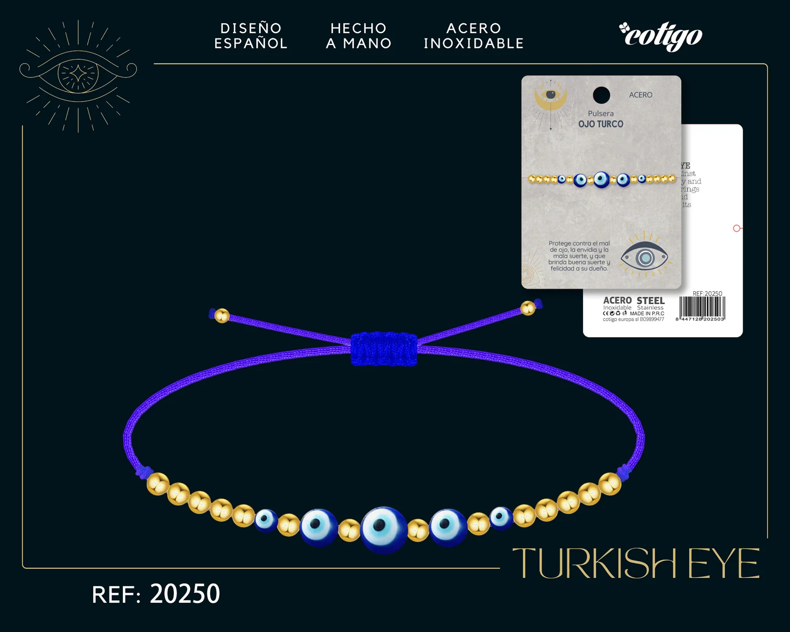 PULSERA OJO TURCO ACERO CON CORDON HILO ENCERADO