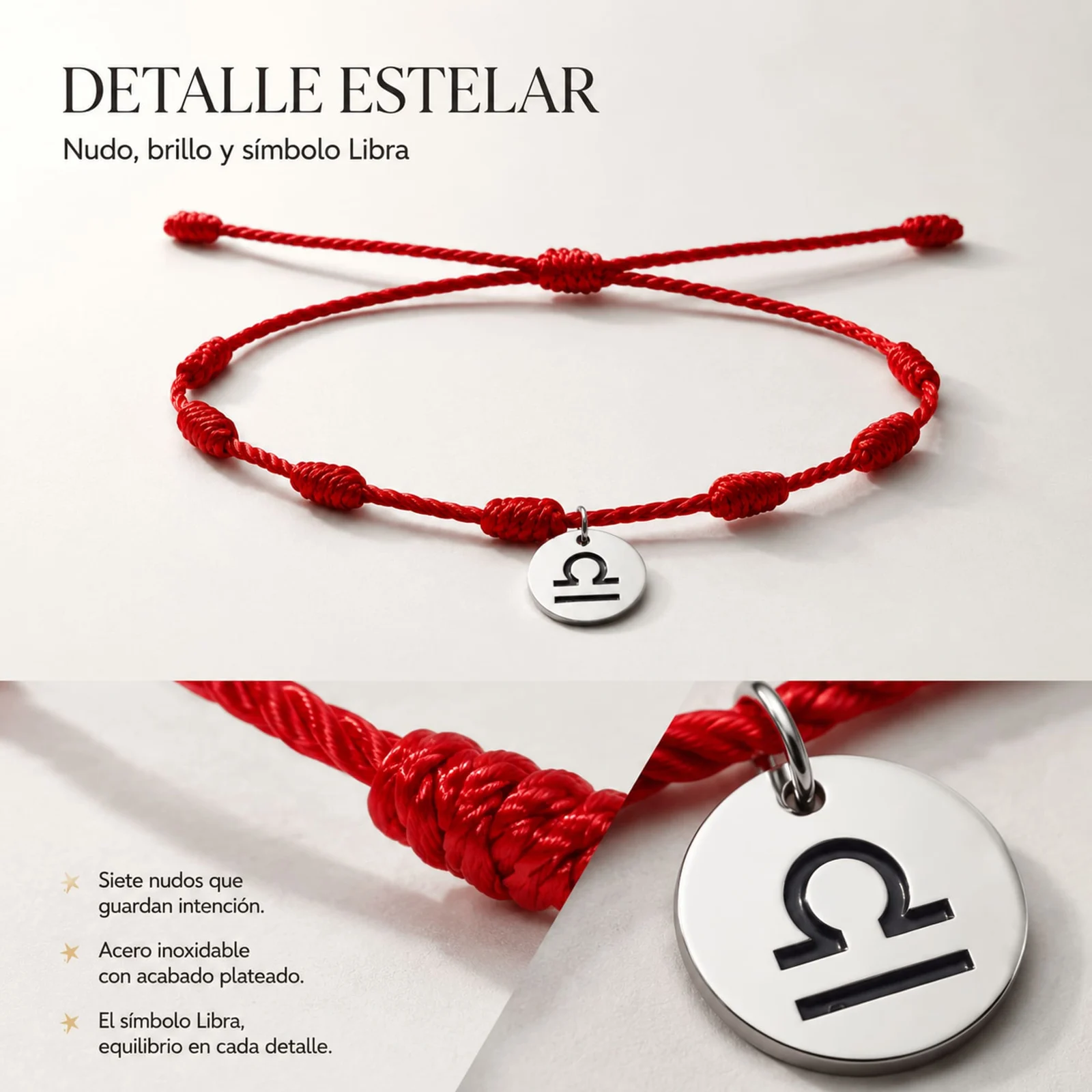 PULSERA 7 NUDOS CON LIBRA ACERO. COLOR PLATEADO