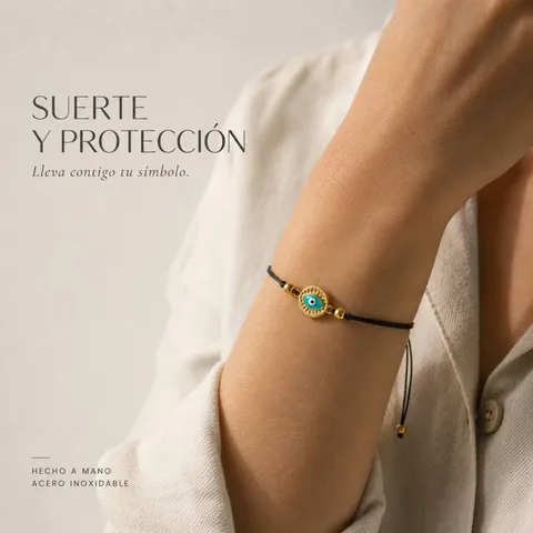 Pulsera Hilo encerado Negro CON OJO TURCO Dorado