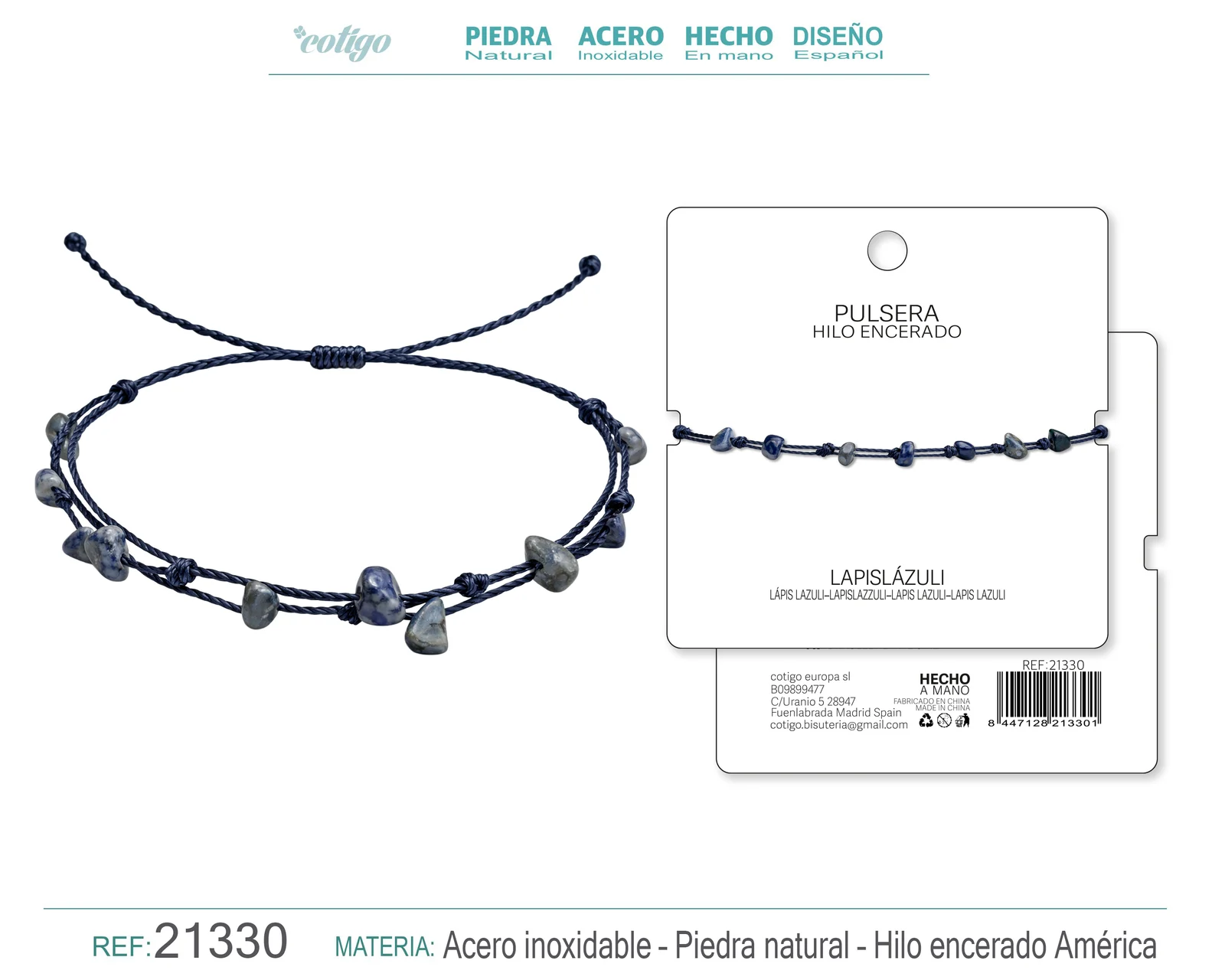 PULSERA HILO ENCERADO CON LAPIZRAZURI