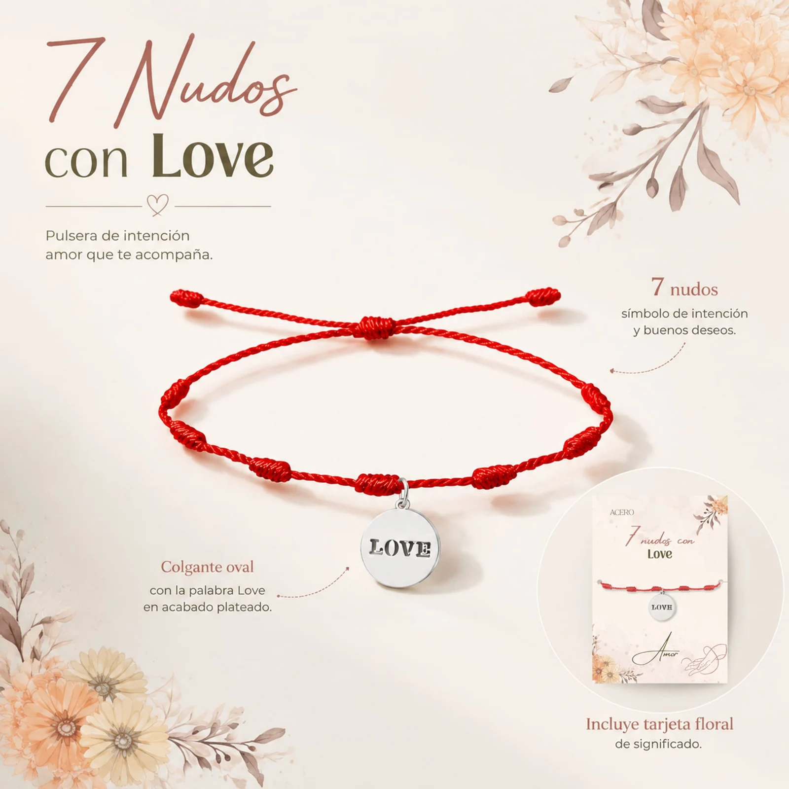 PULSERA 7 NUDOS CON LOVE COLOR PLATEADO