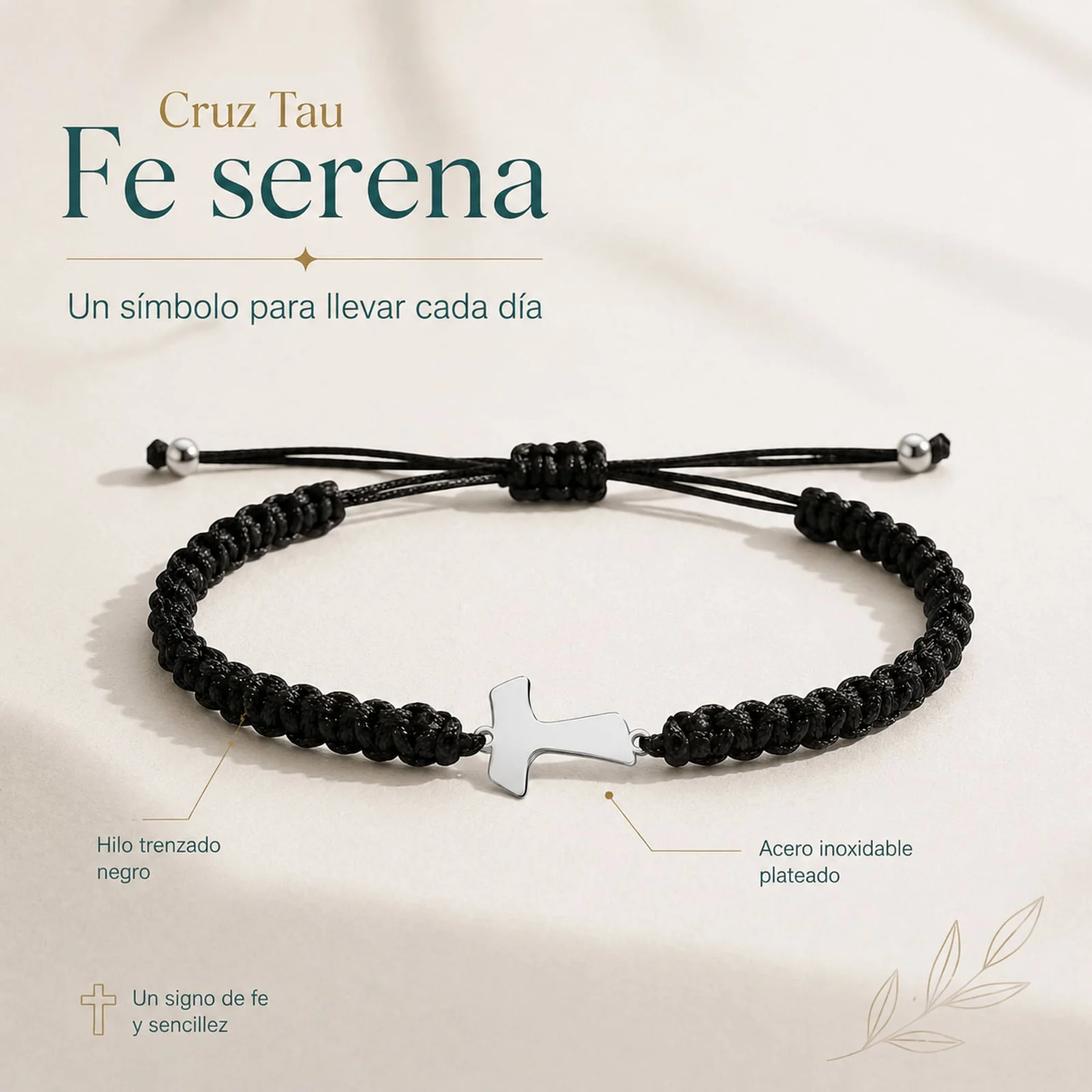 PULSERA HILO DESTINO  CON CRUZ TAU ACERO PLATEADO