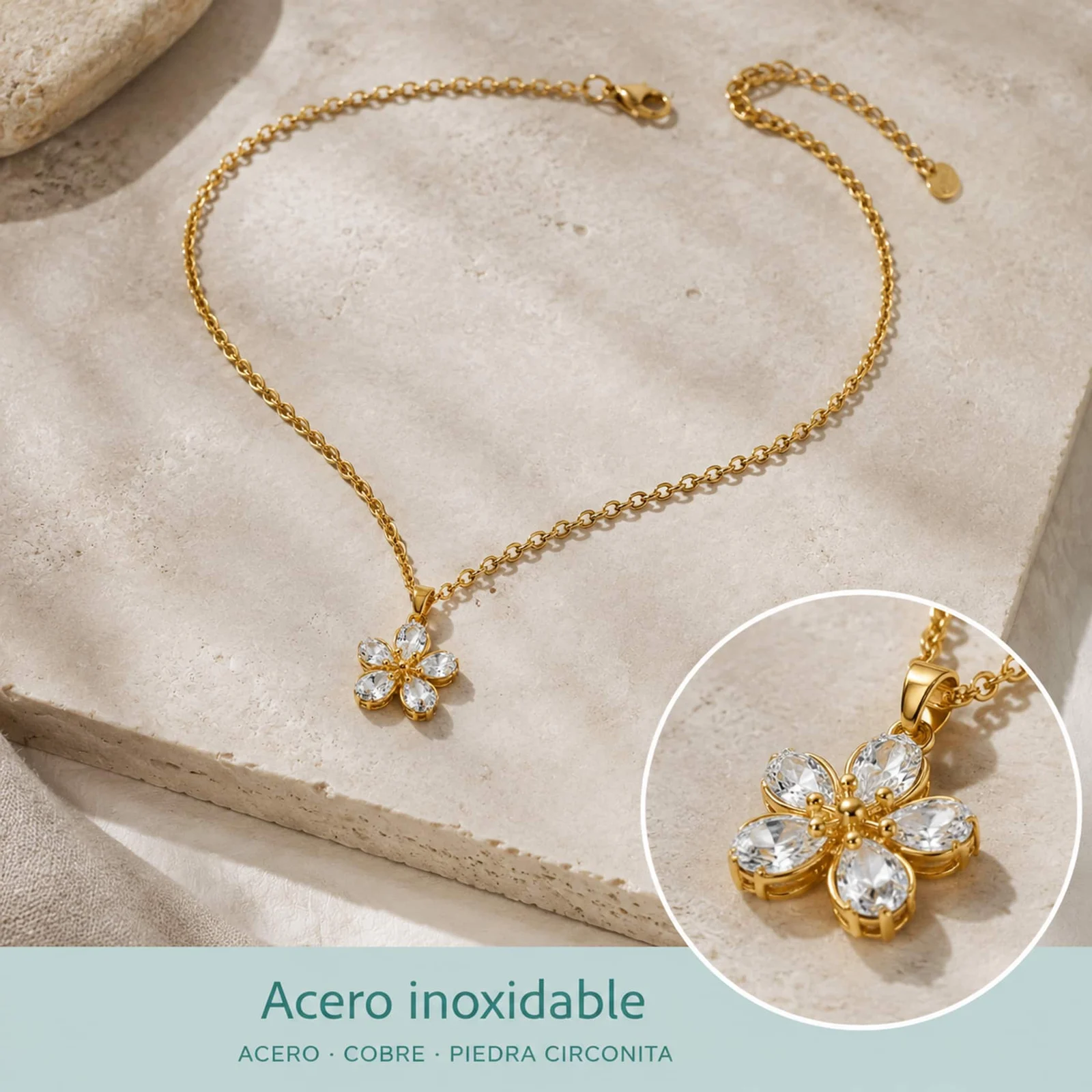 Colgangte Cobre con Circonita Colar Dorado y Cadena Acero