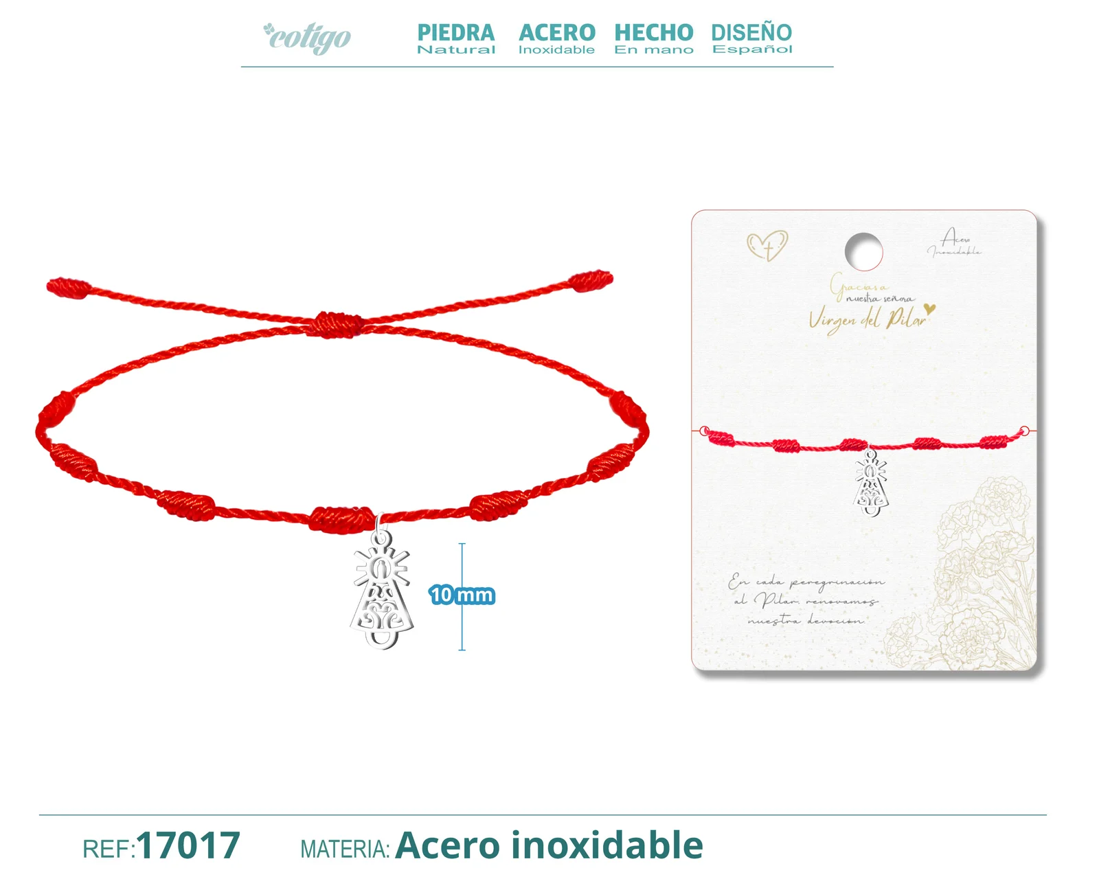 PULSERA 7 NUDOS CON COLGANTE DE VIRGEN PILAR COLOR PLATEADO