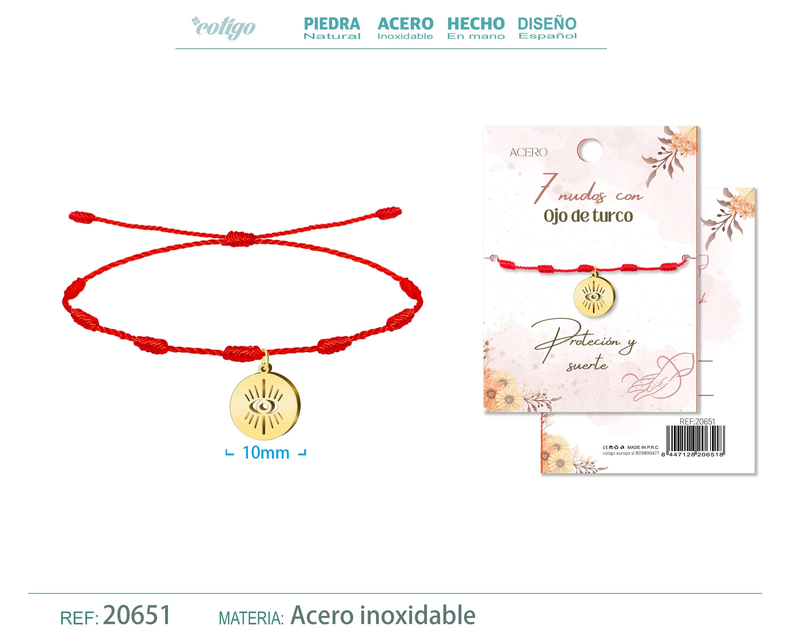 PULSERA 7 NUDOS CON OJO TURCO COLOR DORADO