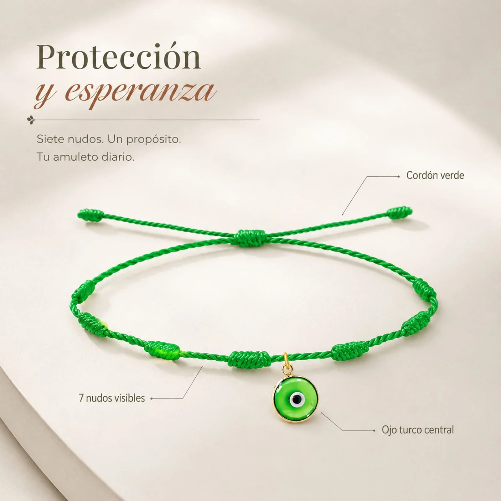 PULSERA 7 NUDOS VERDE CON COLGANTE DE OJO TURCO