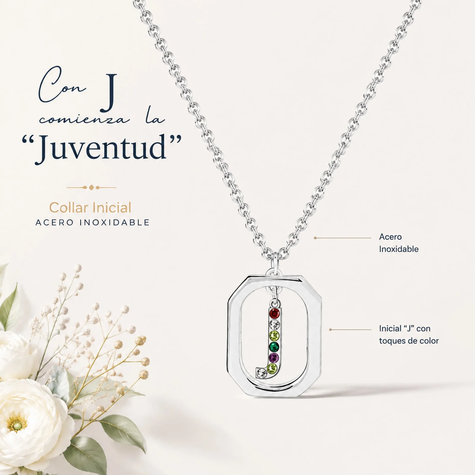 COLLAR INICIAL LETRA J ACERO CON SOBRE