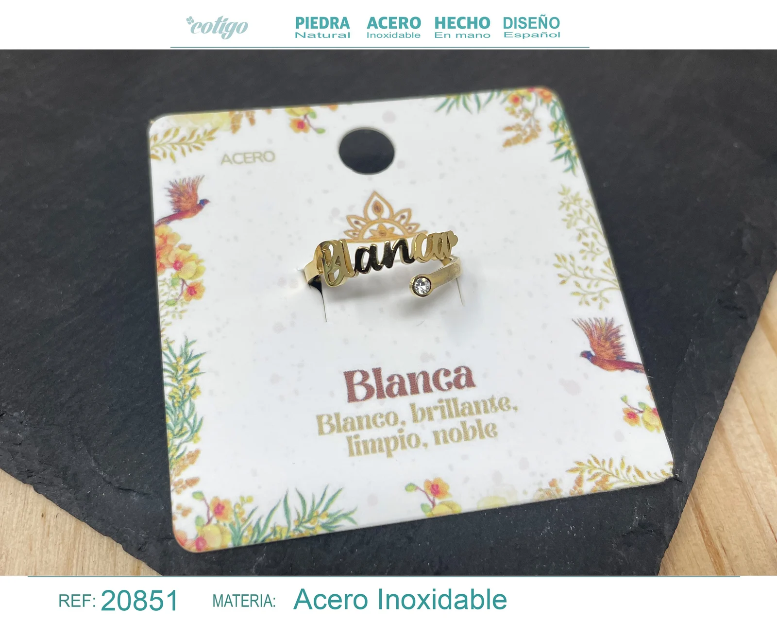 ANILLO NOMBRE BLANCA ACERO COLOR DORADO