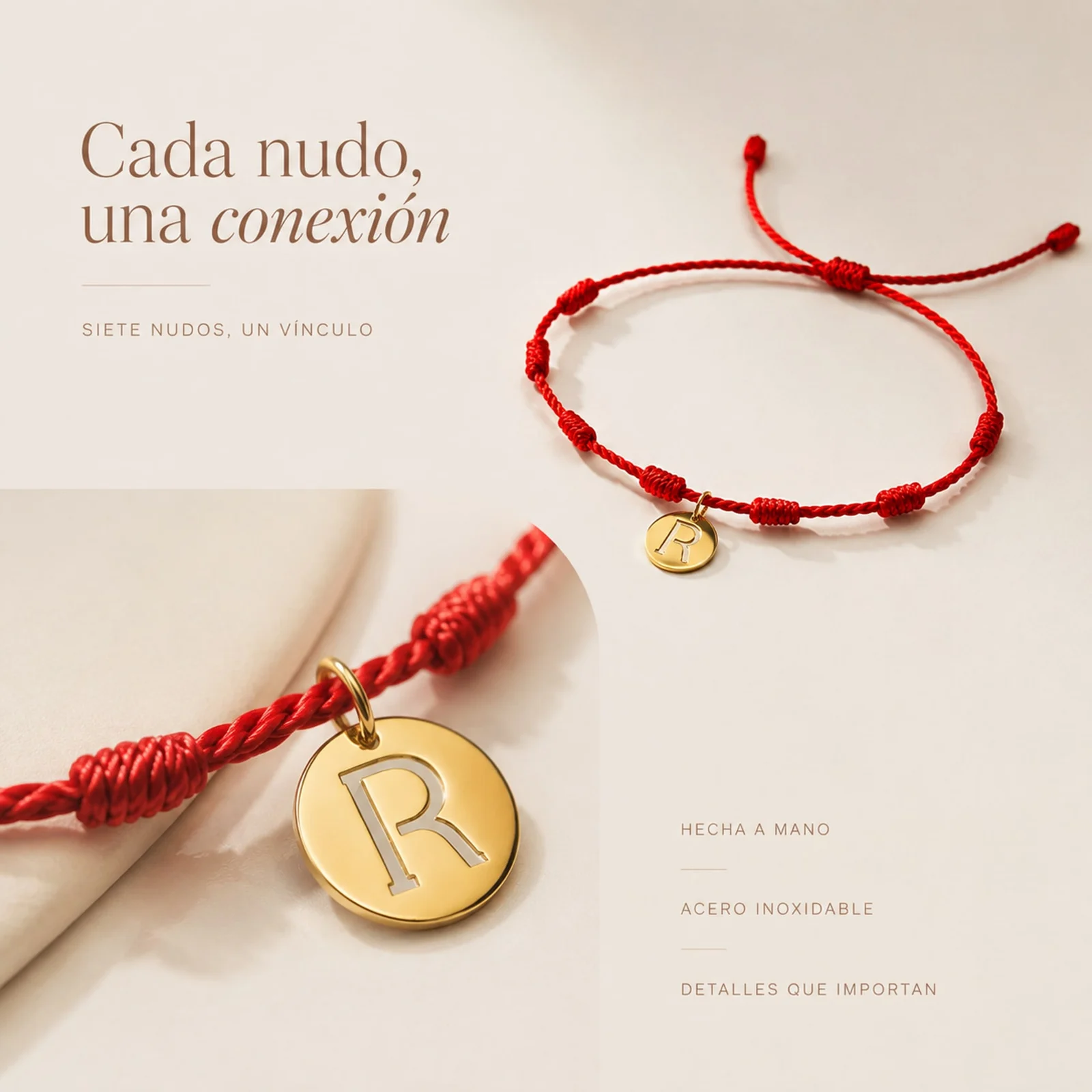 PULSERA 7 NUDOS CON LETRA R COLOR DORADO