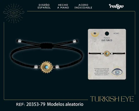 Pulsera Hilo encerado Negro CON OJO TURCO Dorado