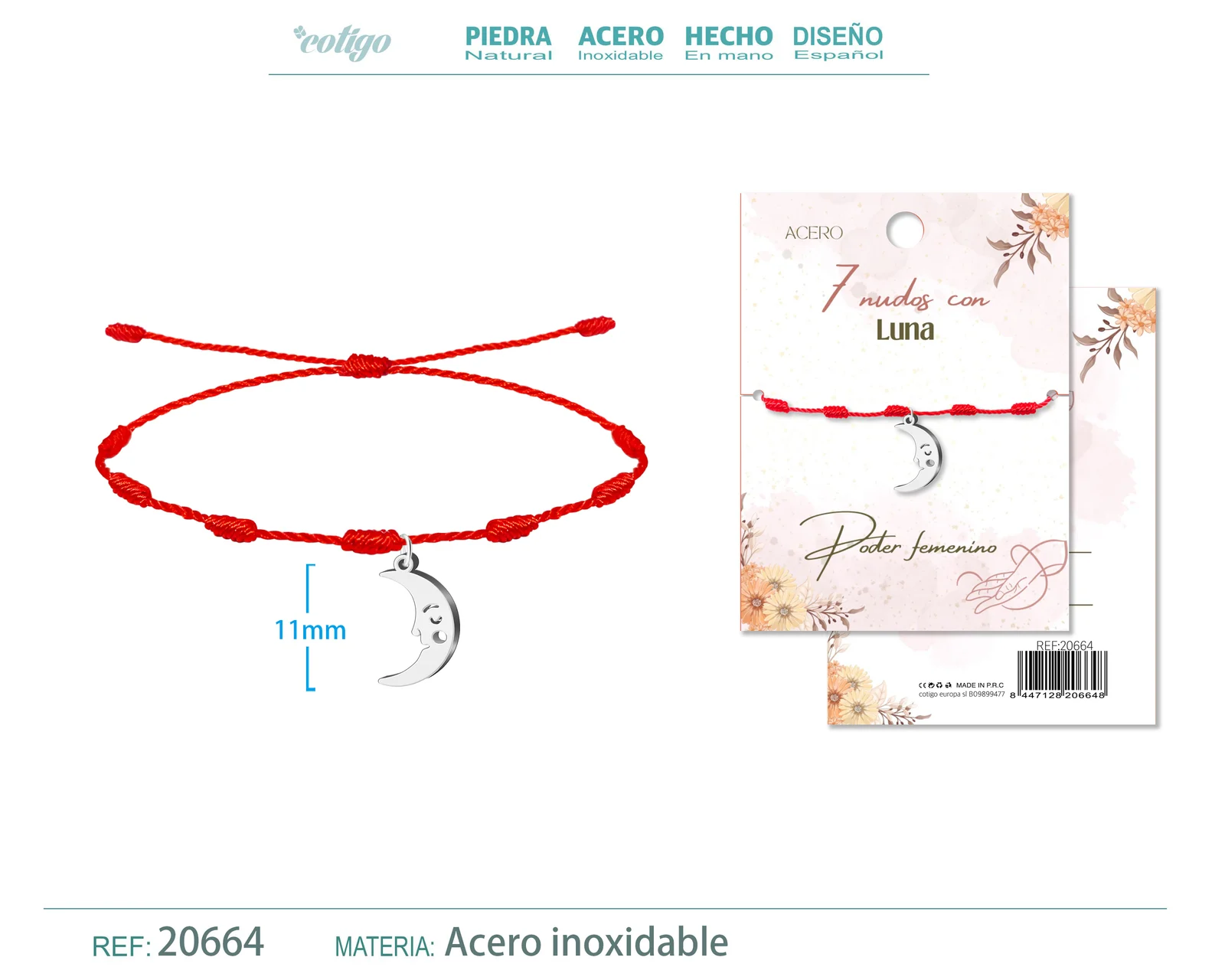 PULSERA 7 NUDOS CON LUNA COLOR PLATEADO