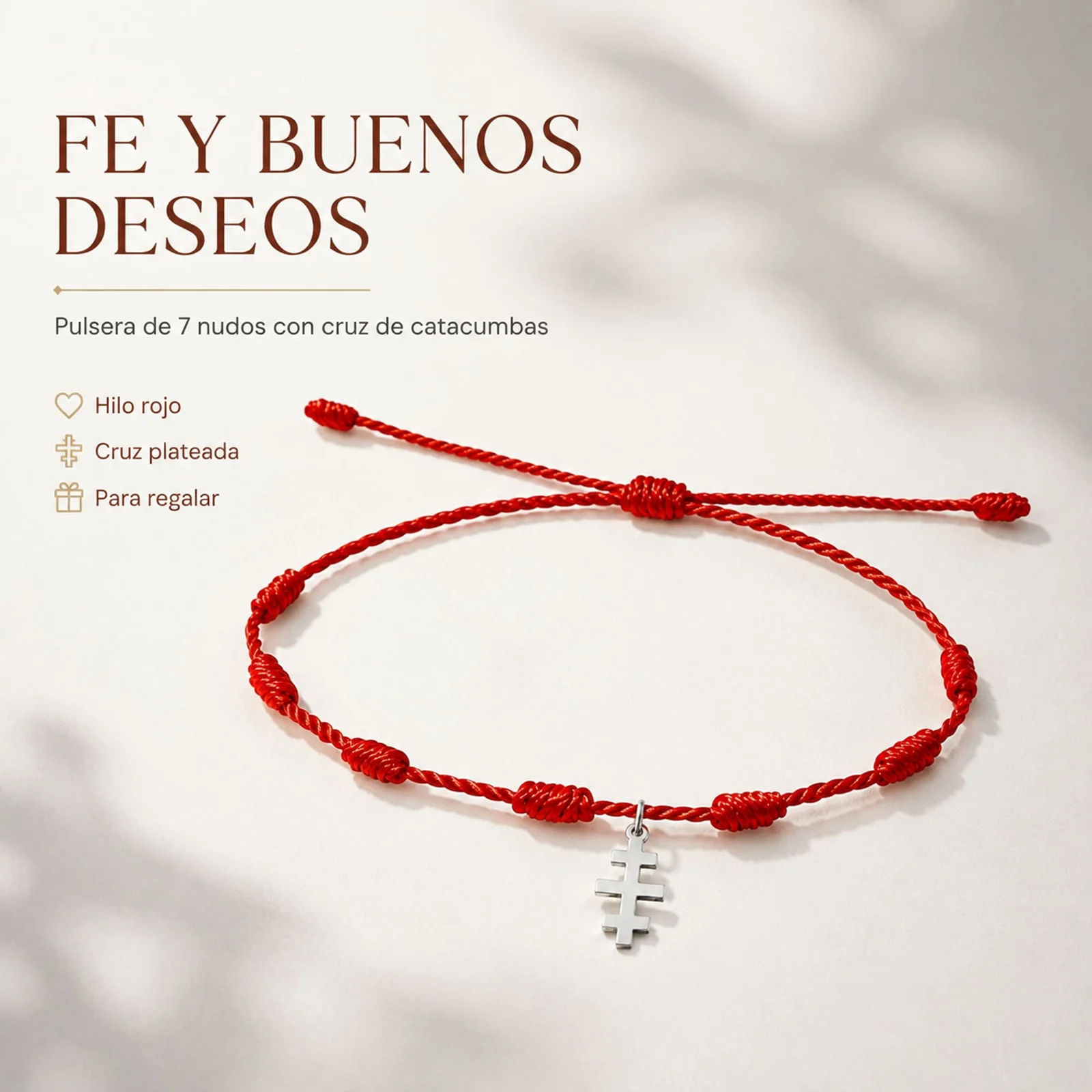 PULSERA 7 NUDOS CON CRUZ DE CATA CUMBAS COLOR PLATEADO
