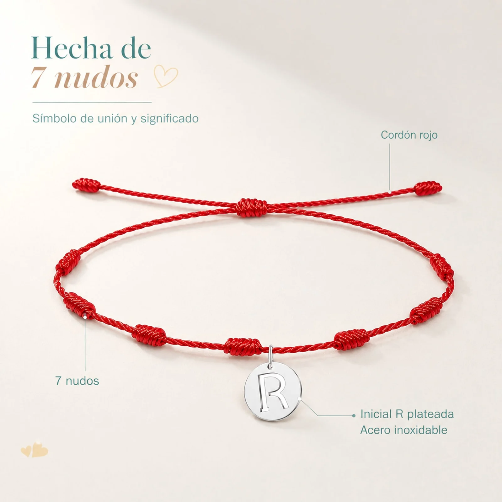 PULSERA 7 NUDOS CON LETRA R COLOR PLATEADO