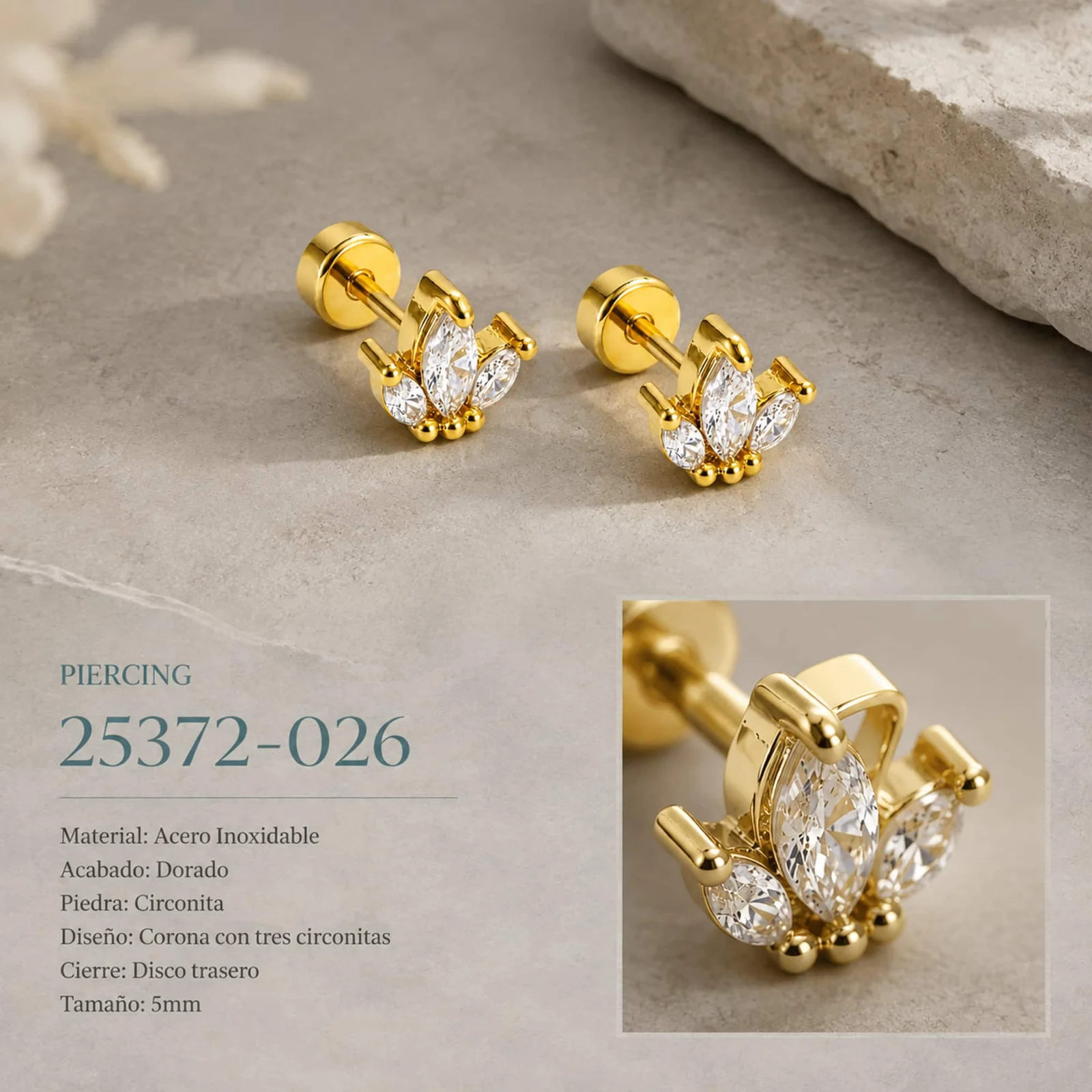Pendiente-Piercing Bañado Oro 18K y con Circonita