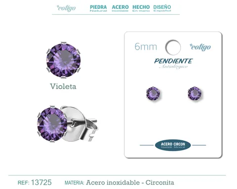 PENDIENTE CIRCONITA REDONDO-VIOLETA-6MM-BASE ACERO PLATEADO