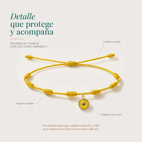 PULSERA 7 NUDOS DORADO CON COLGANTE DE OJO TURCO