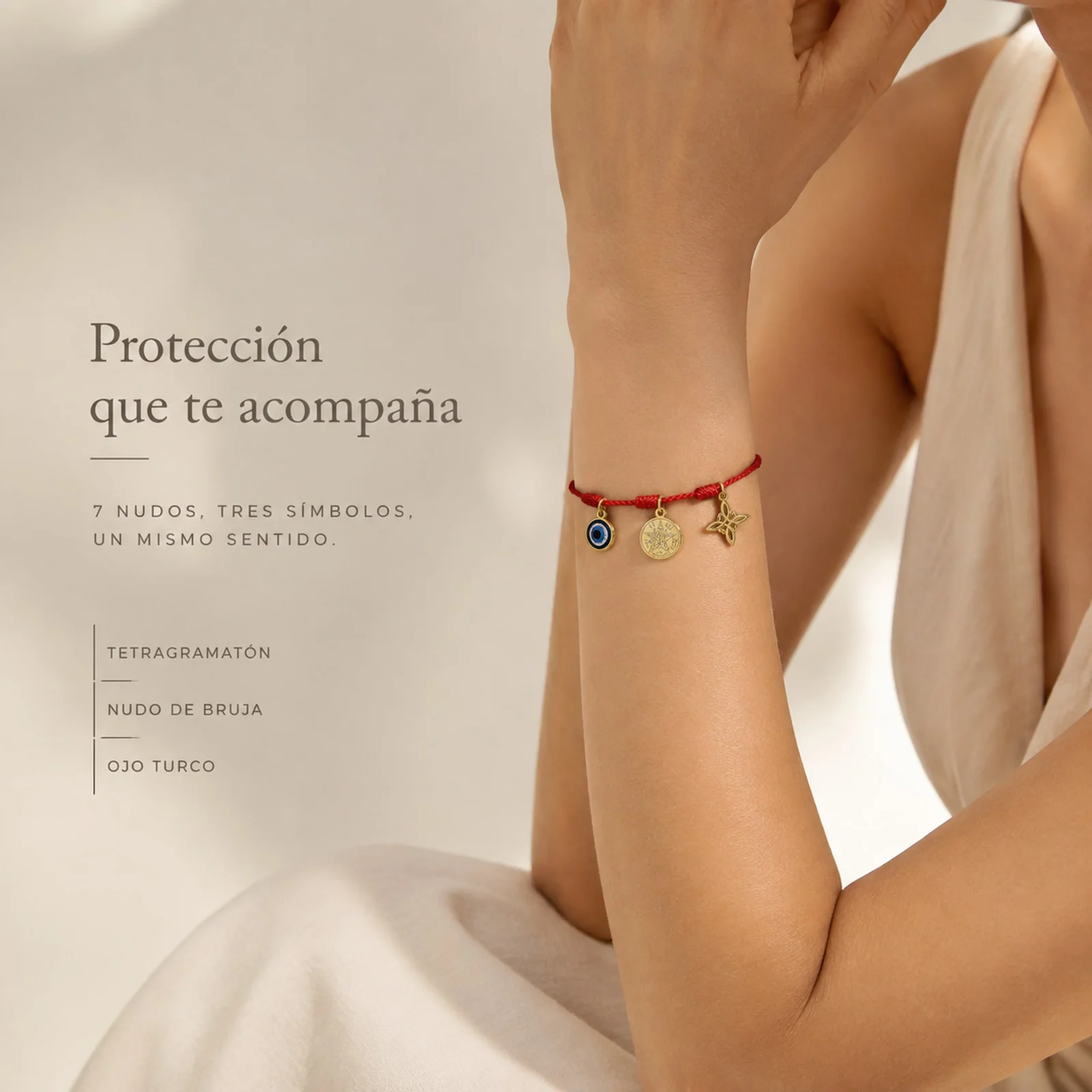 PULSERA 7 NUDOS CON TETRAGRÁMATON  NUDO DE BRUJA Y OJO TURCO ACERO DORADO