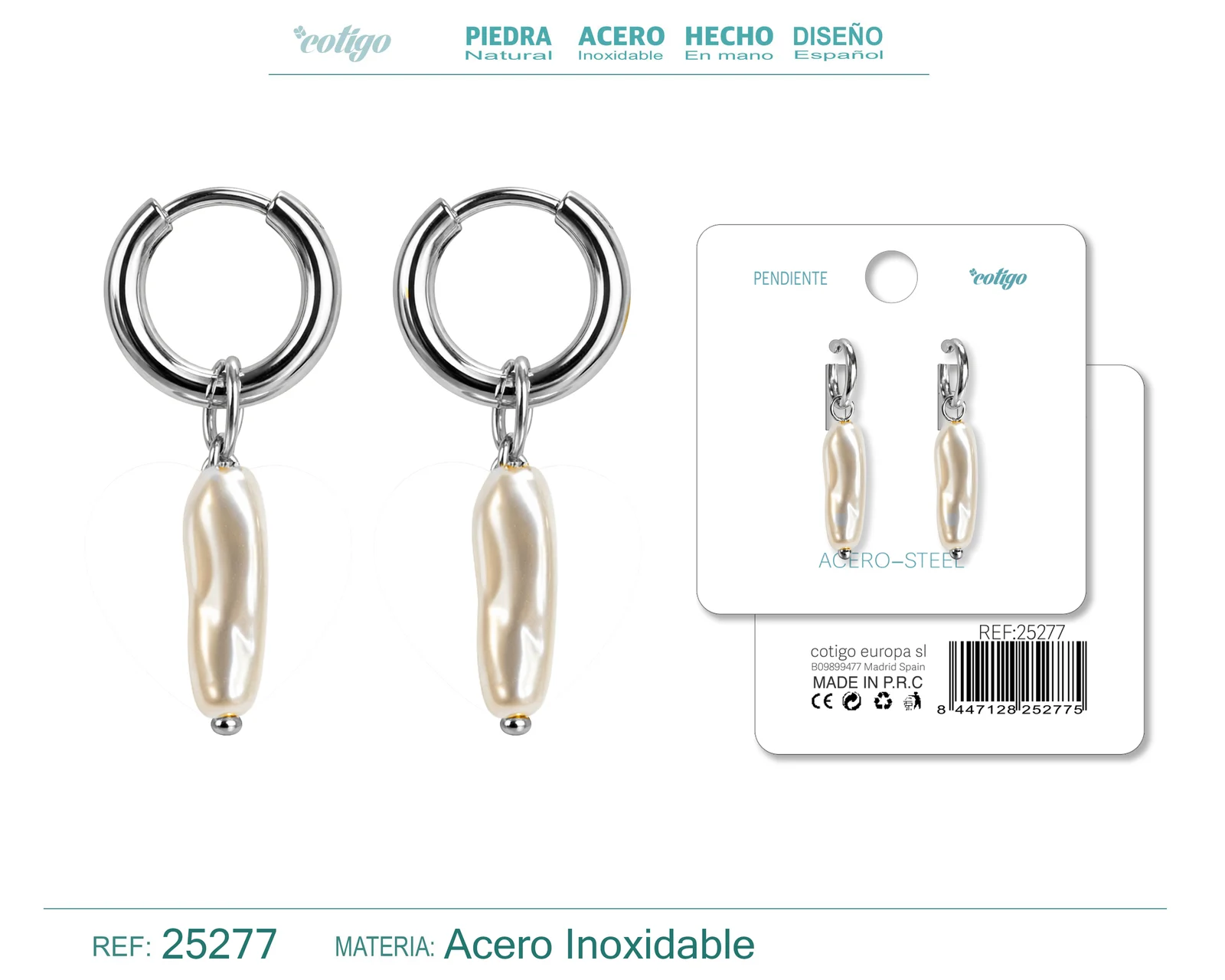 PENDIENTES DE PERLAS BALOTELLI CON ARO ACERO COLOR PLATEADO
