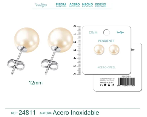 PENDIENTE DE PERLA REDONDA 12MM CON ACCESORIO ACERO