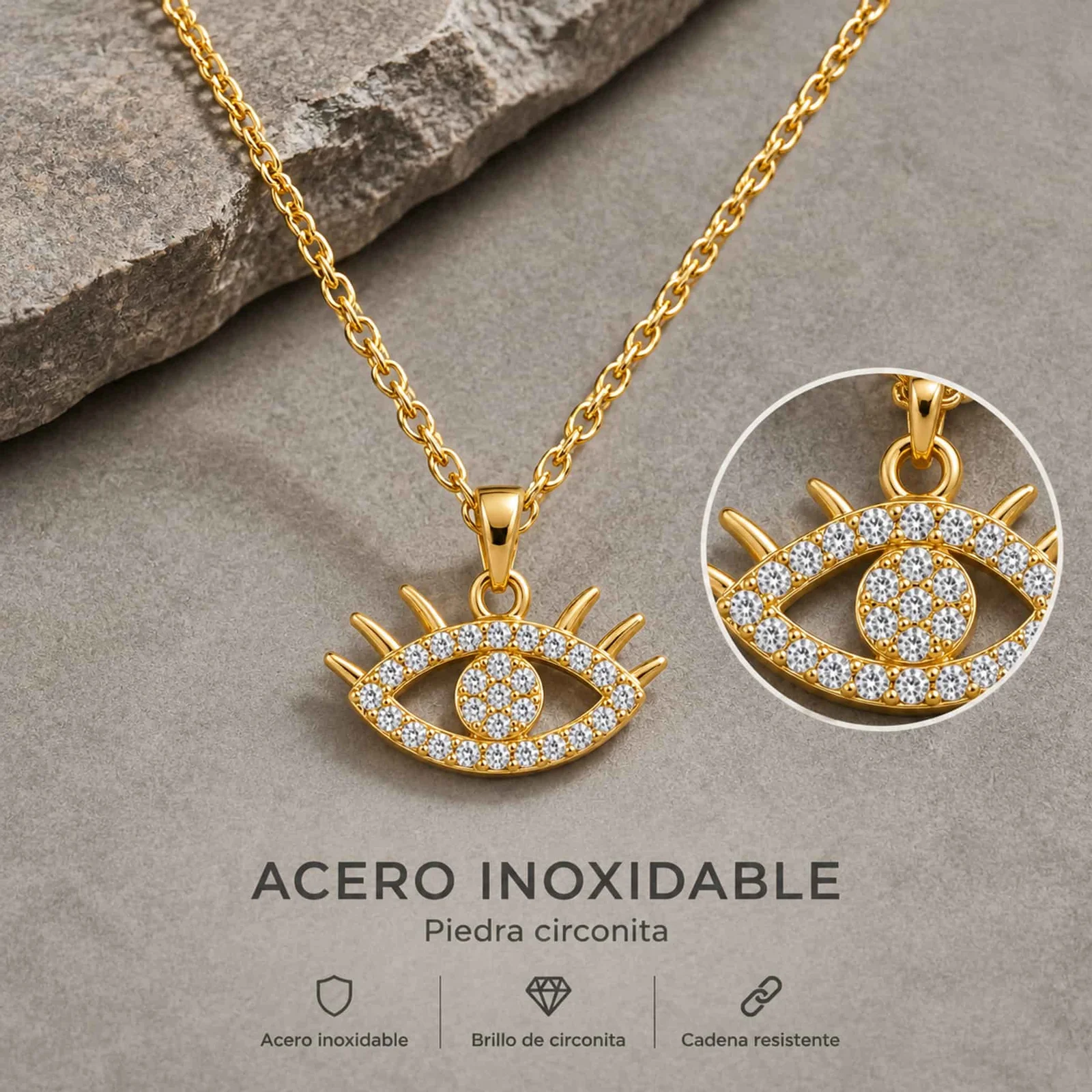 Colgangte Cobre con Circonita Colar Dorado y Cadena Acero