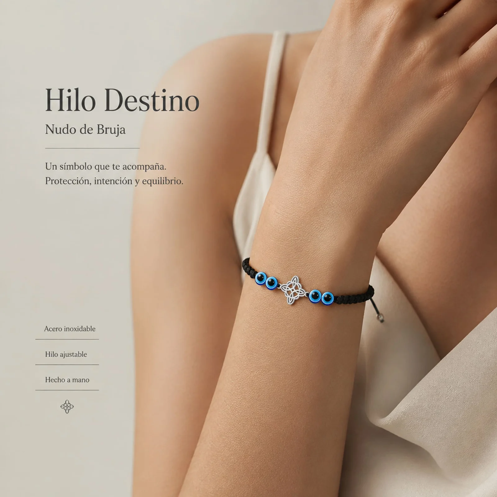 PULSERA HILO DESTINO CON OJO DE TURCO YNUDO DE BRUJA ACERO PLATEADO