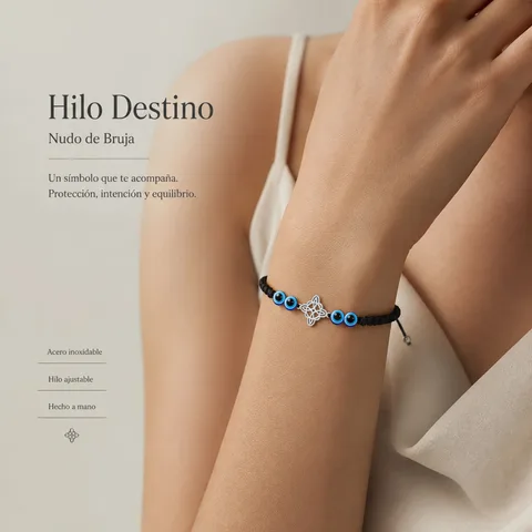 PULSERA HILO DESTINO CON OJO DE TURCO YNUDO DE BRUJA ACERO PLATEADO