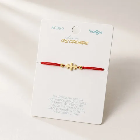 PULSERA CRUZ CATACUMBAS DORADO DE HILO EN.ROJO