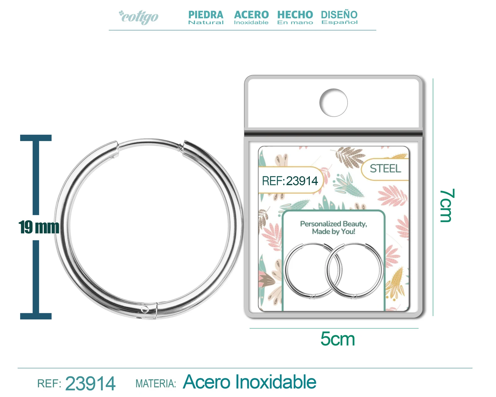 PENDIENTE DE ARO ACERO 16MM COLOR PLATEADO PARA CHARM