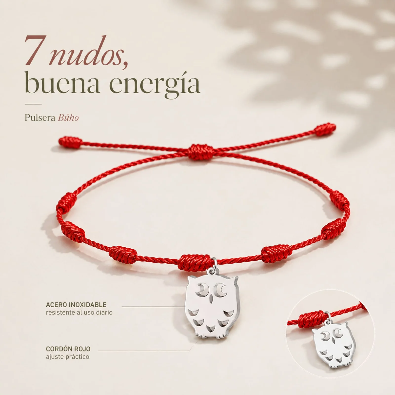 PULSERA 7 NUDOS CON BÚHO COLOR PLATEADO