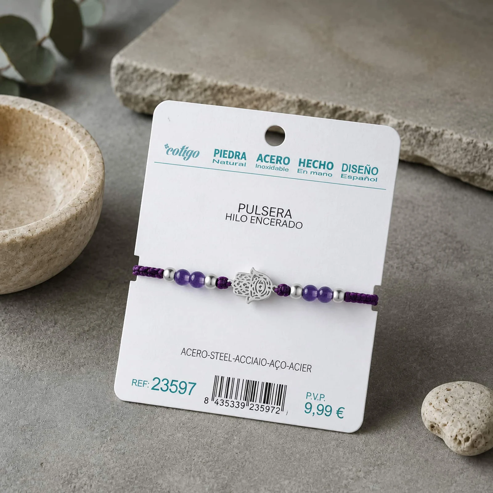 PULSERA HILO ENCERADO CON AMATISTA Y MANO DE FÁTIMA ACERO