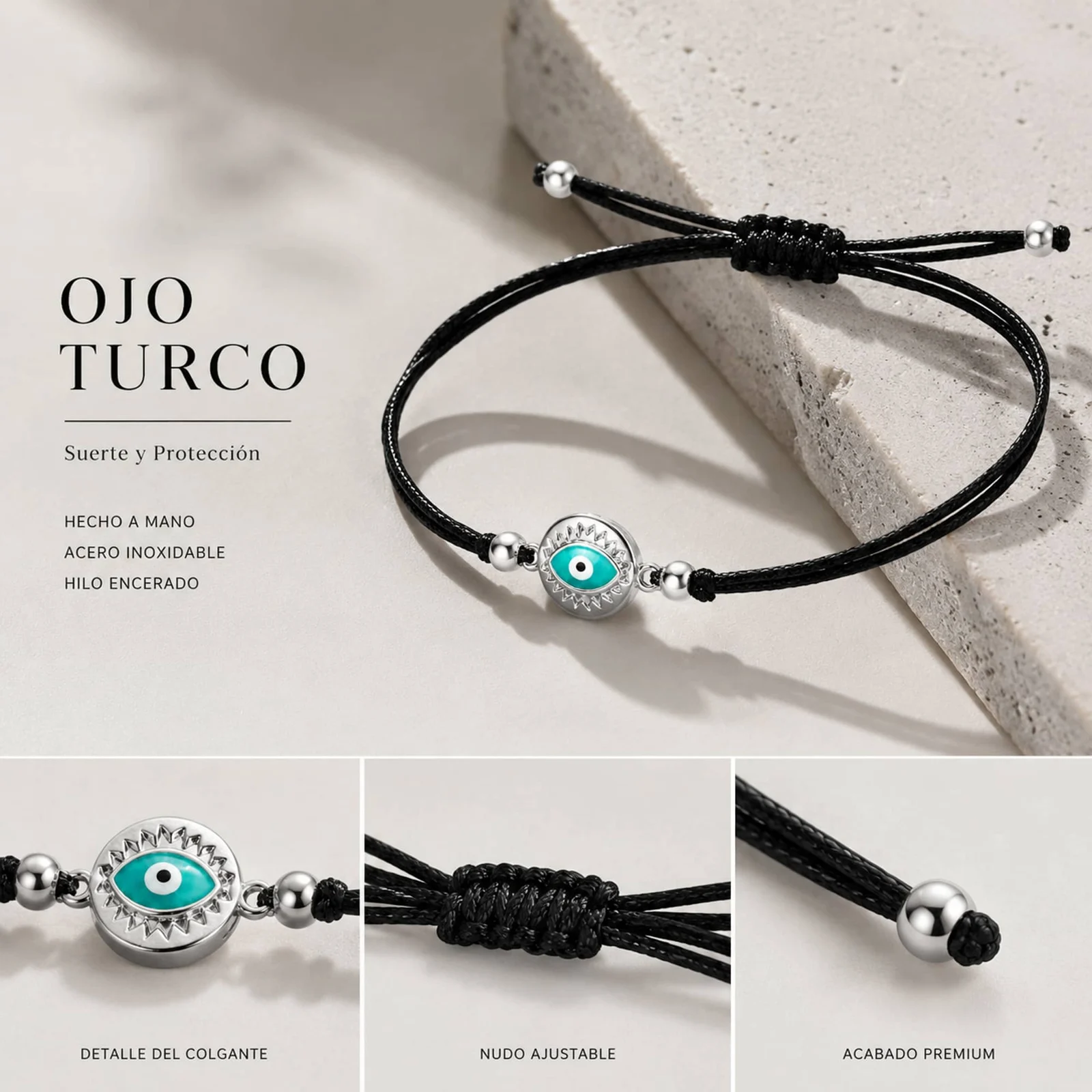 Pulsera Hilo encerado Negro CON OJO TURCO Plateado
