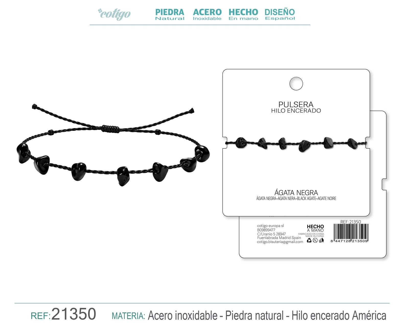 PULSERA HILO ENCERADO CON AGATA NEGRA