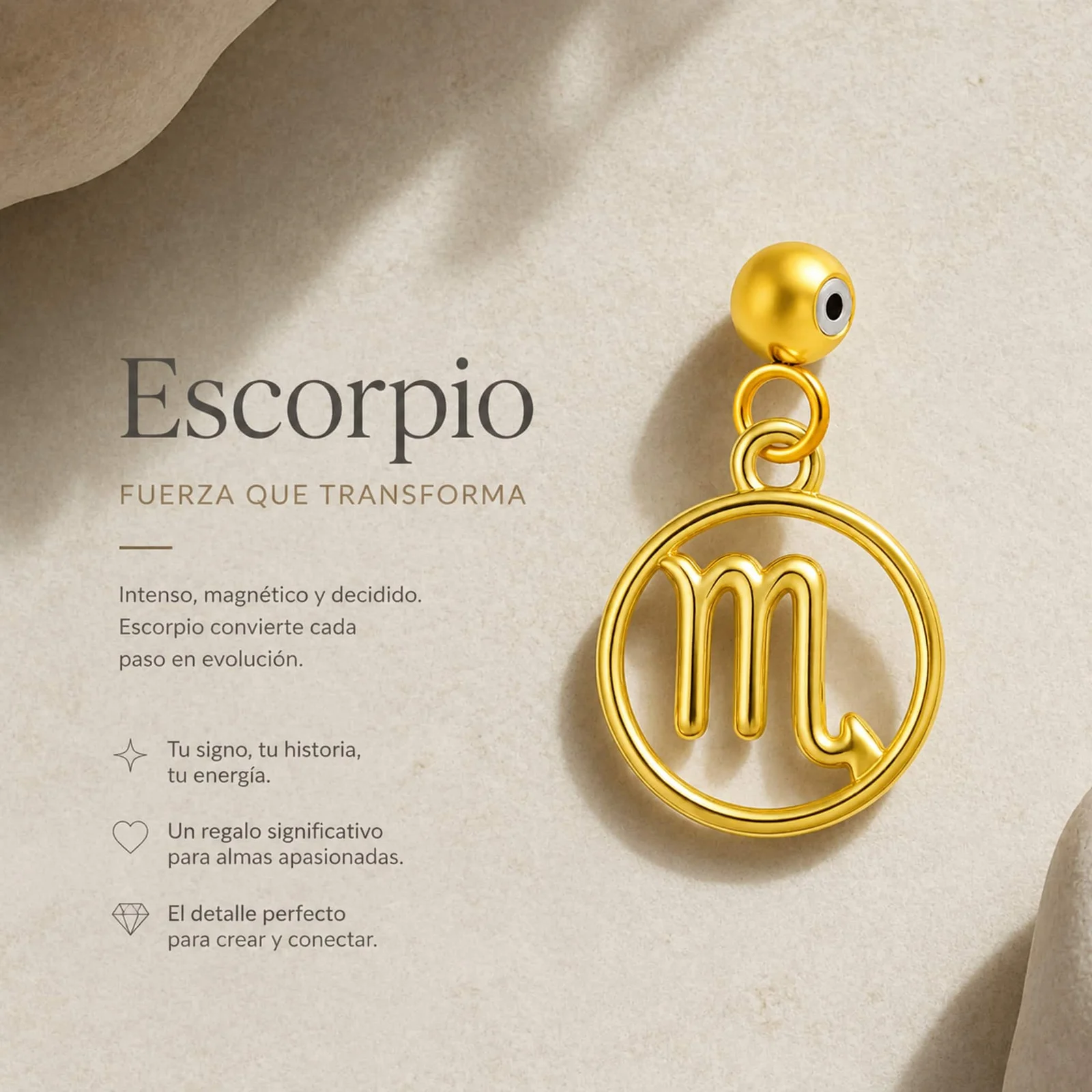 CHARM DE ZODÍACO ESCORPIÃO ACERO COLOR DORADO-CON BOLA DE GOMA