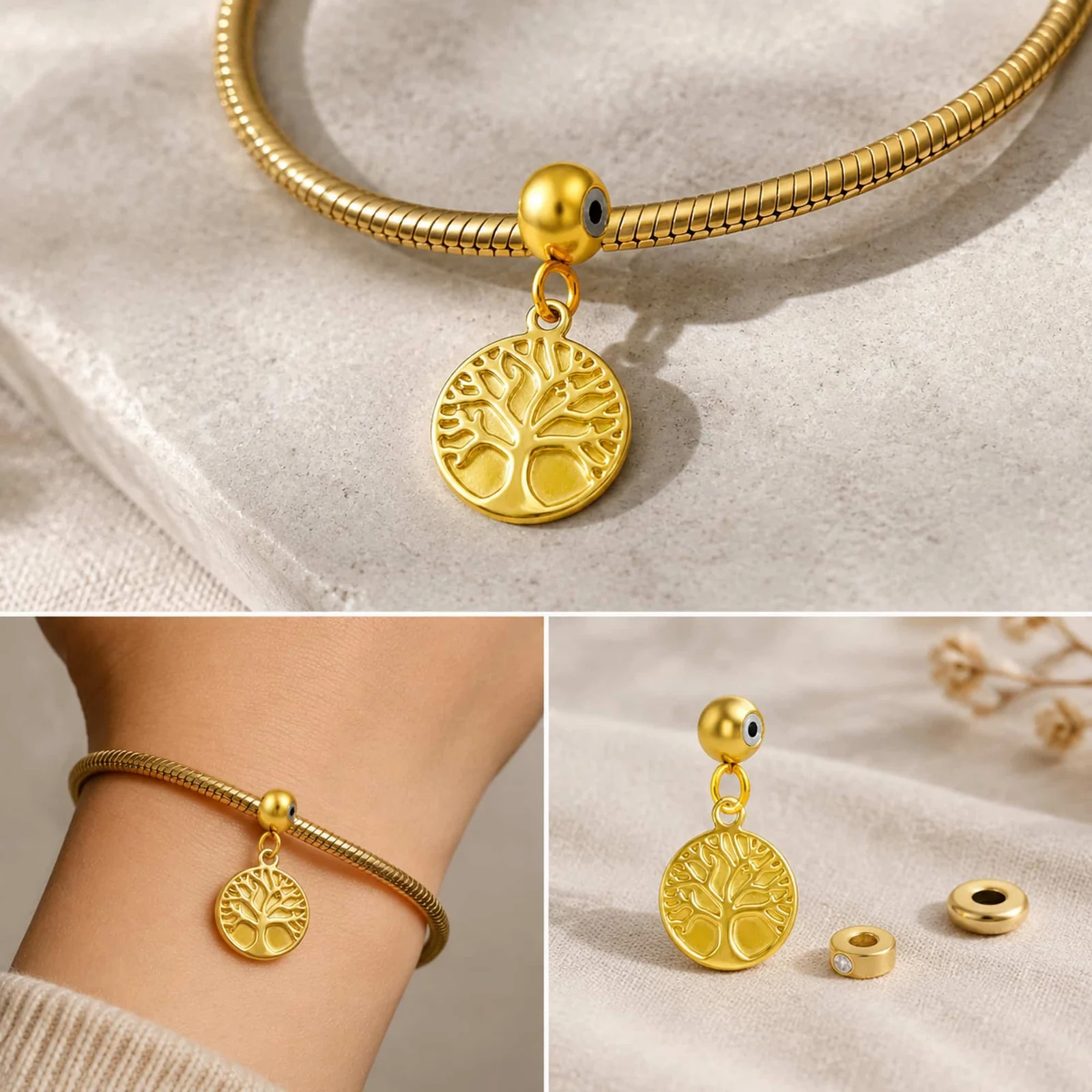 CHARM ACERO DORADO CHAPADO ORO 14 K-CON BOLA DE GOMA