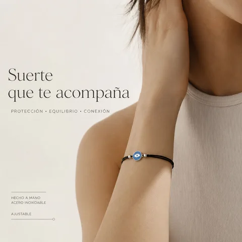 Pulsera Hilo encerado Negro CON OJO TURCO Plateado