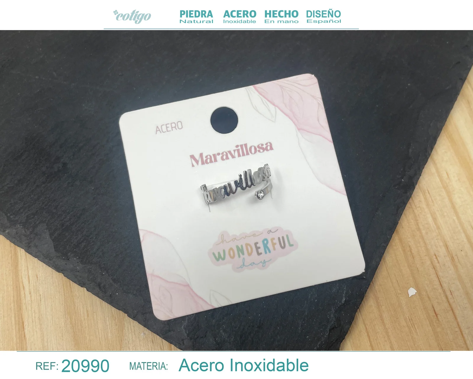 ANILLO CON PALABRA MARAVILLOSA ACERO COLOR PLATEADO