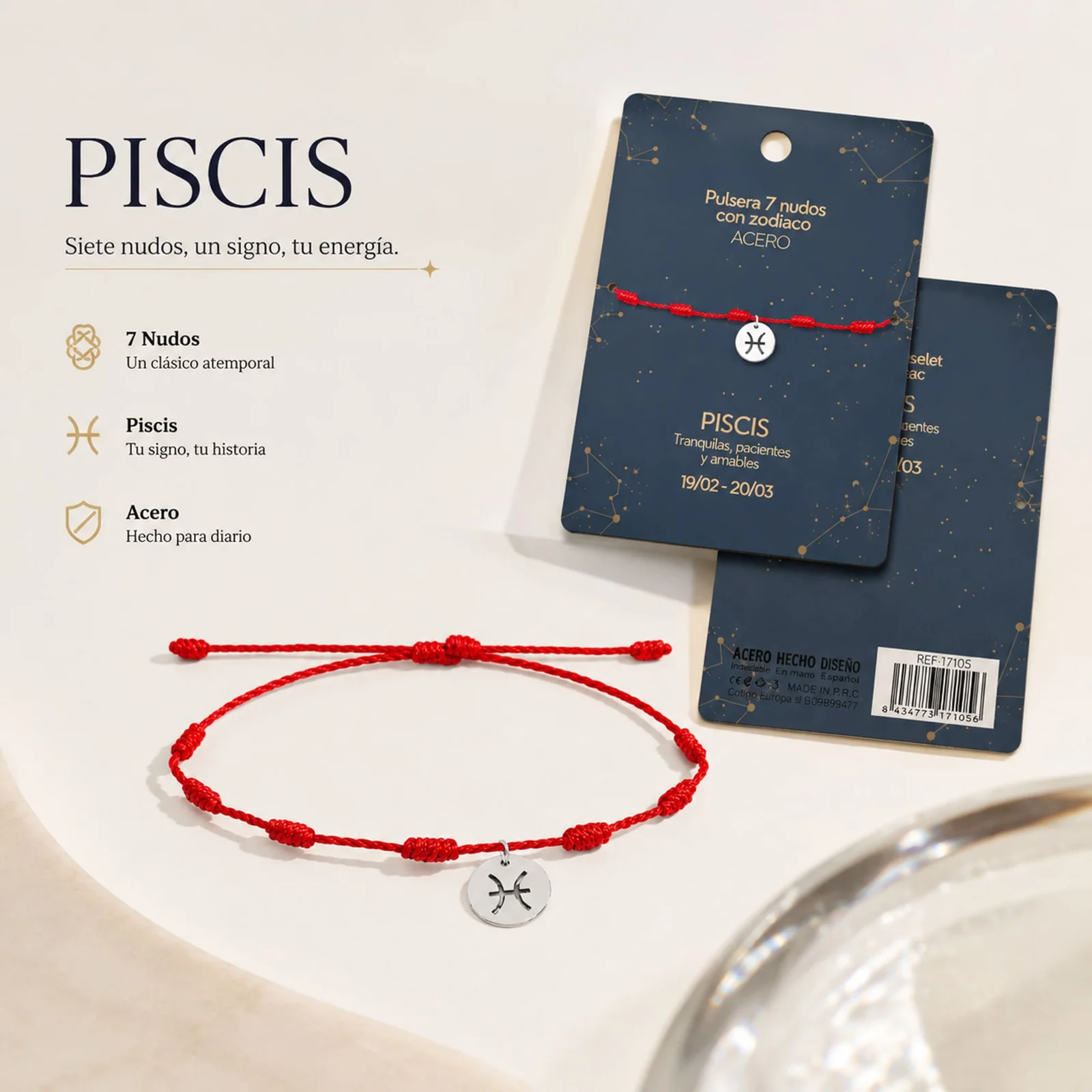 PULSERA 7 NUDOS CON PISCIS ACERO. COLOR PLATEADO