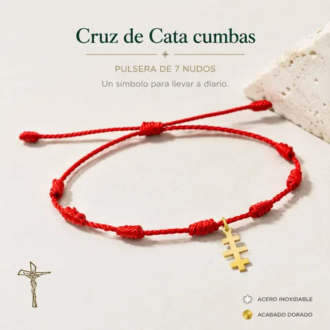 PULSERA 7 NUDOS CON CRUZ DE CATA CUMBAS COLOR DORADO