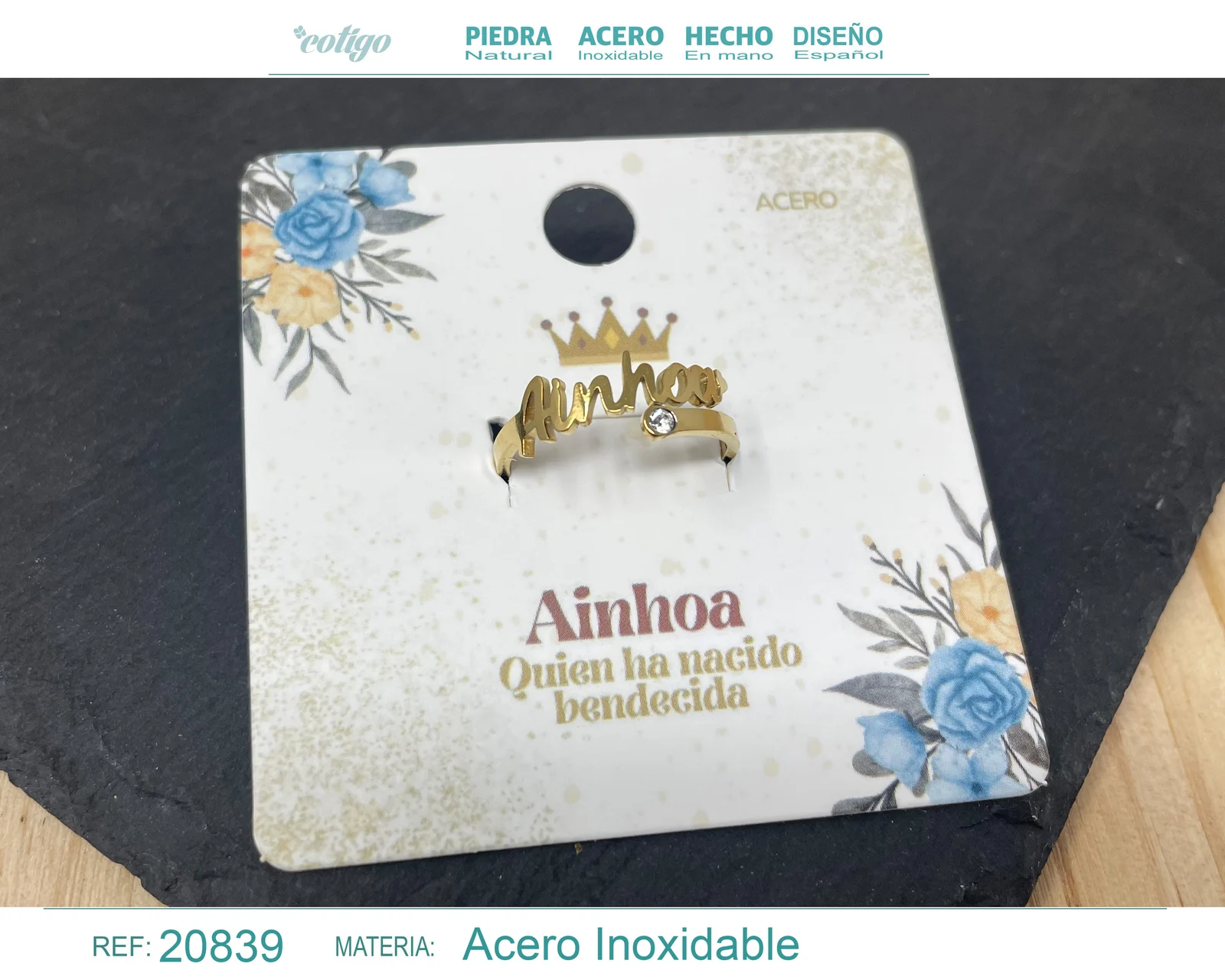 ANILLO NOMBRE AINHOA ACERO COLOR DORADO