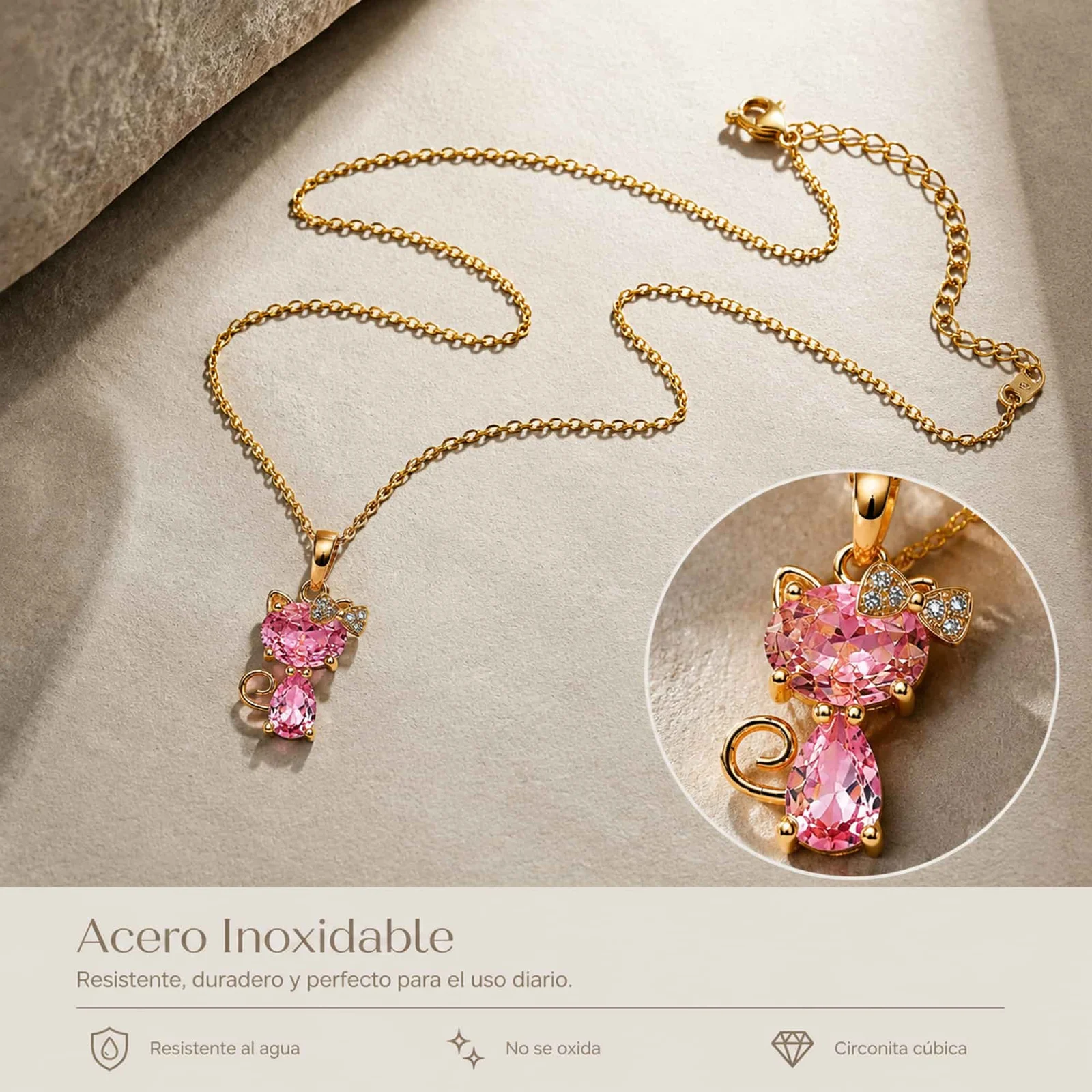 Colgangte Cobre con Circonita Colar Dorado y Cadena Acero