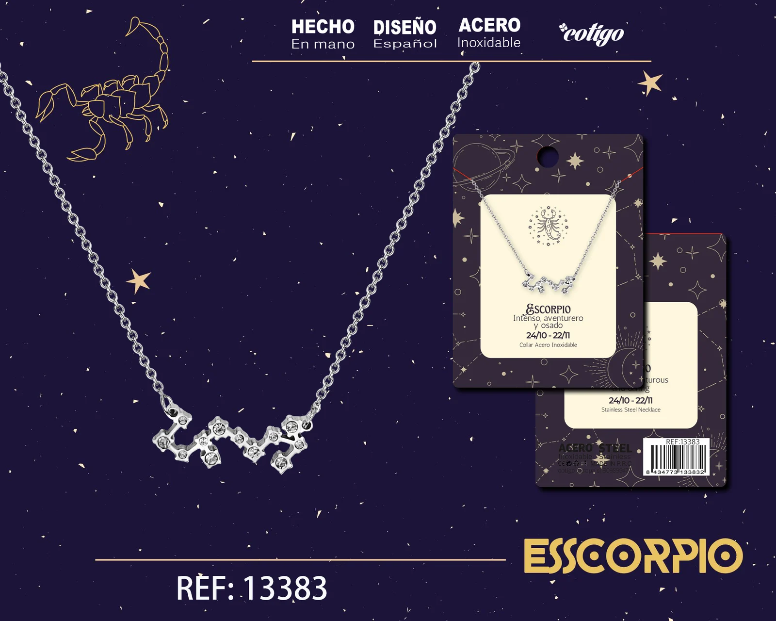 COLLAR MAPA ESTELAR DEL ZODIACO ESCORPIO PLATEADO CON STRAS