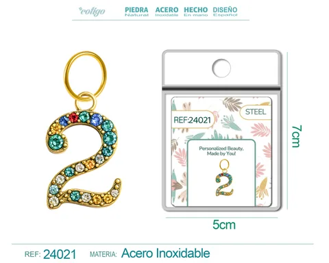CHARM DE NÚMERO 2 ACERO COLOR DORADO CON CIRCONITA