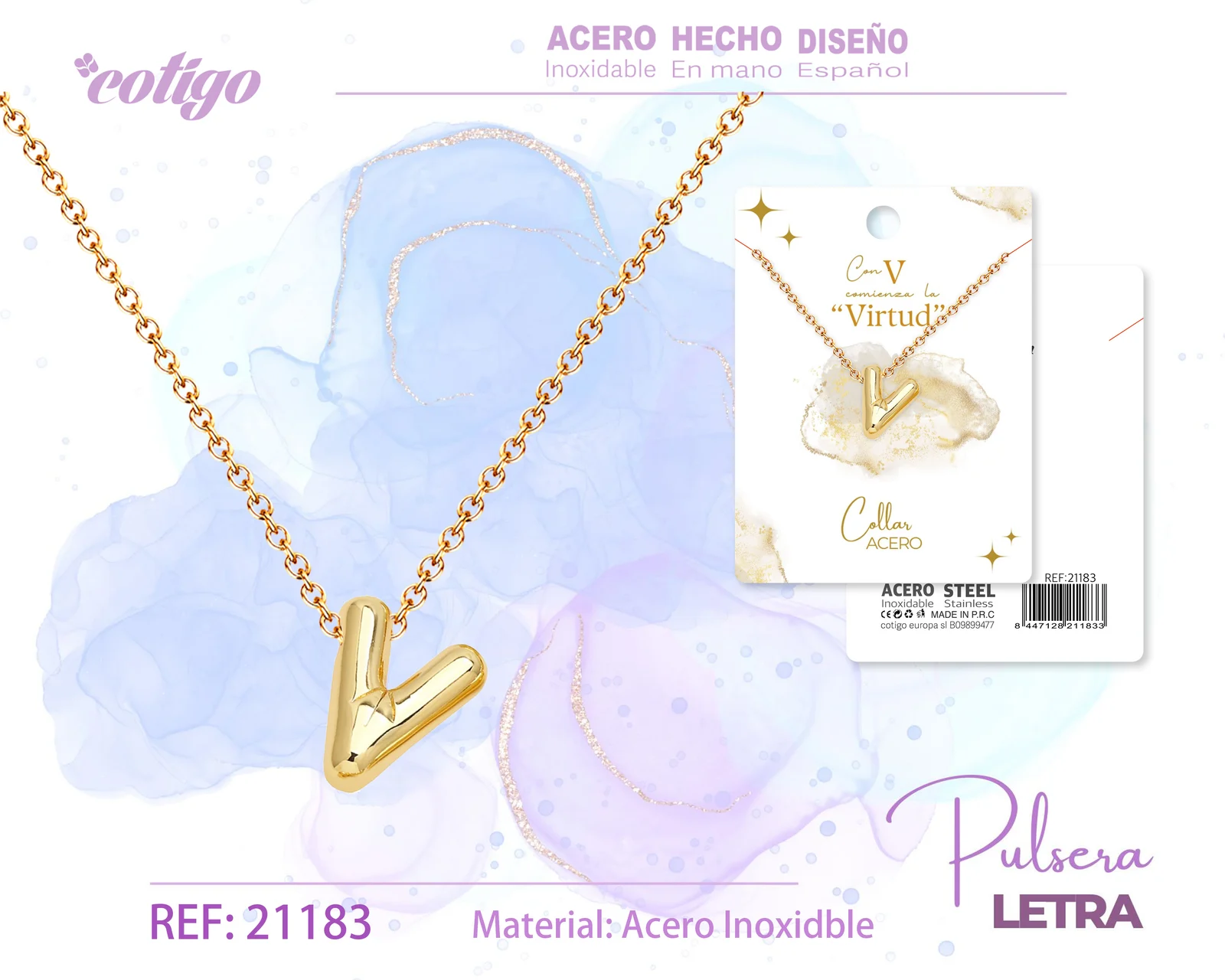 COLLAR LETRA V ACERO DORADO