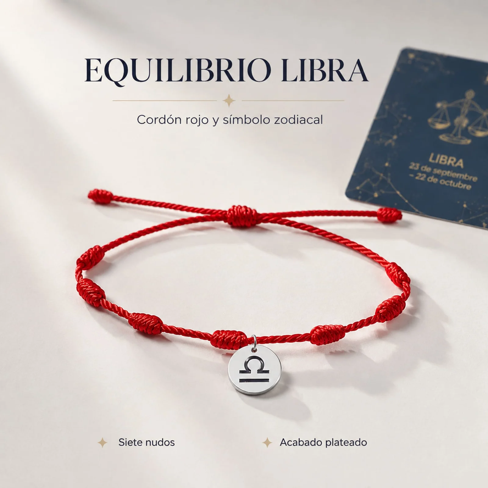 PULSERA 7 NUDOS CON LIBRA ACERO. COLOR PLATEADO