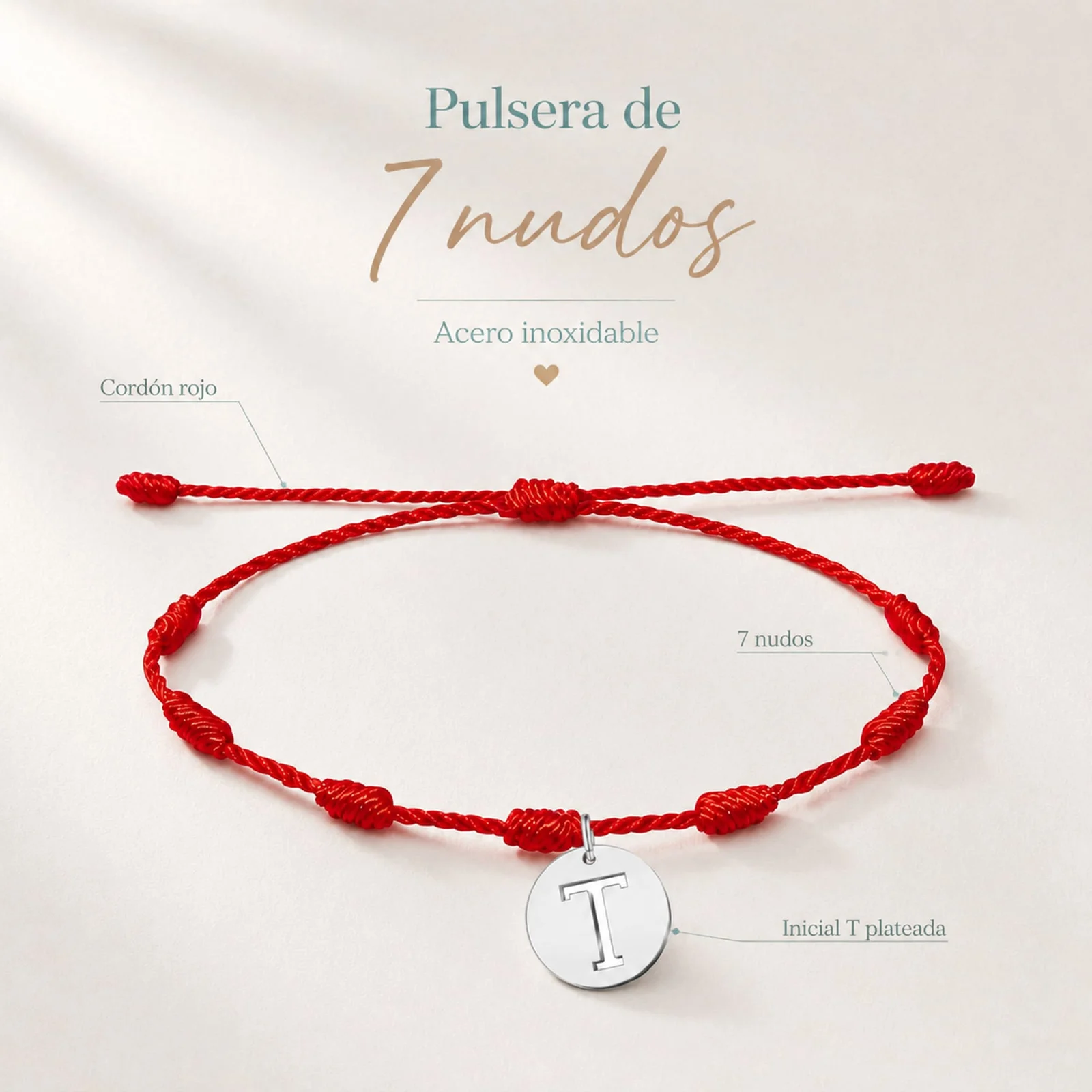 PULSERA 7 NUDOS CON LETRA T COLOR PLATEADO