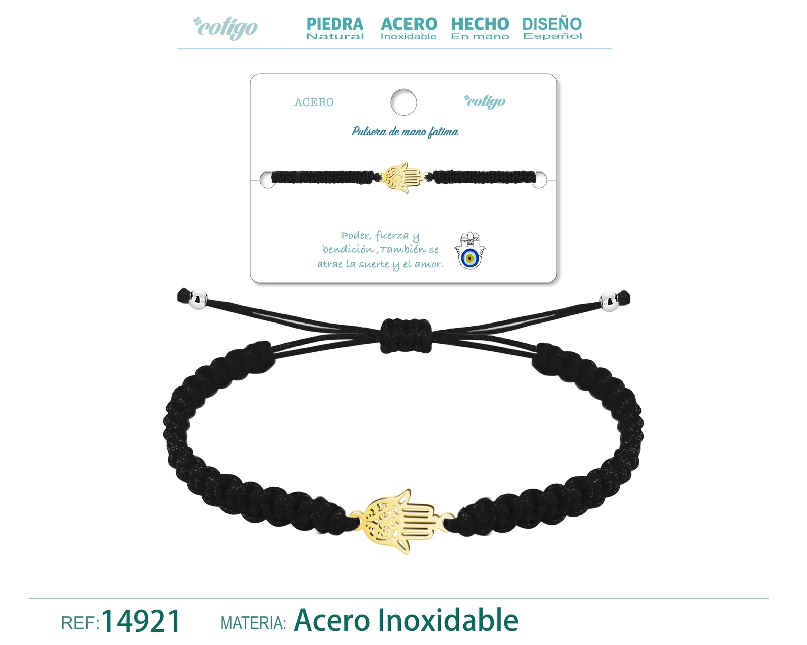 PULSERA HILO TRENZADONEGRO-MANO FATIMA DORADO