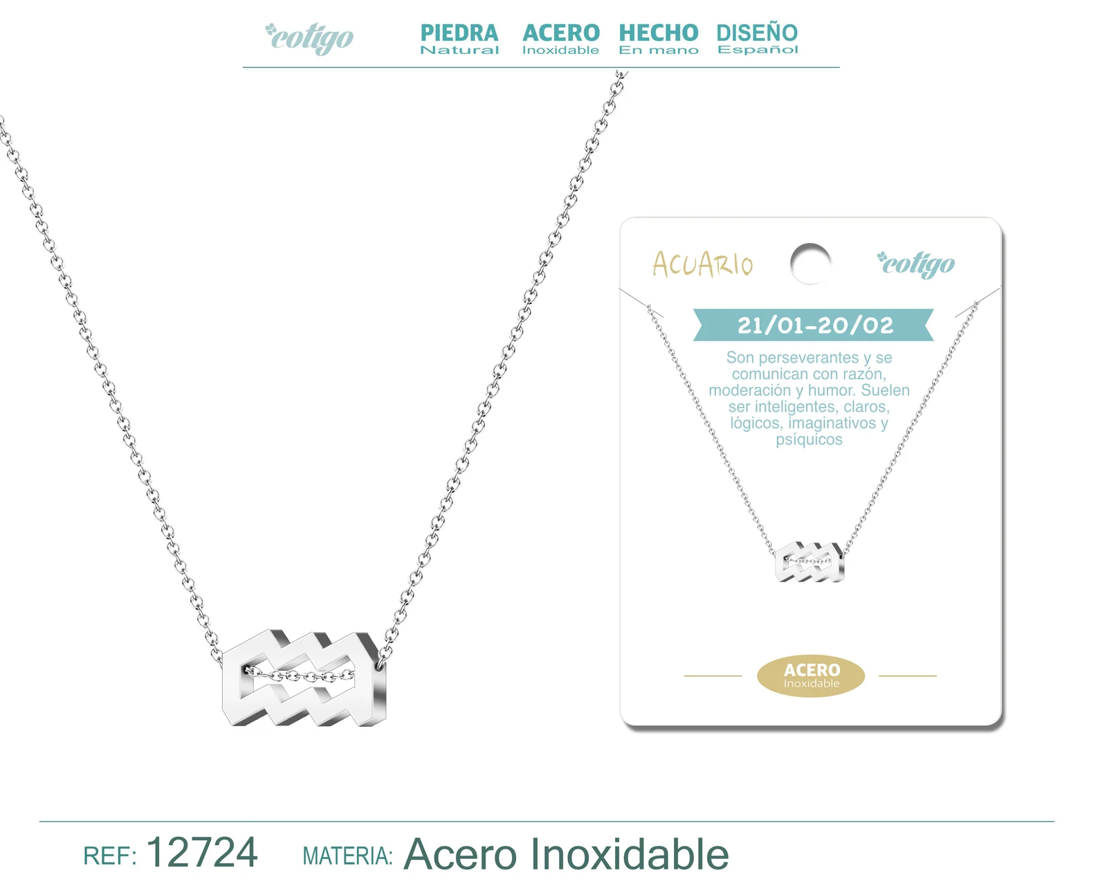COLLAR ACERO CON ZODIACO ACUARIO COLOR PLATEADO